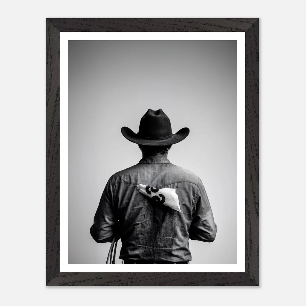 Black and white photograph of a rodeo cowboy viewed from behind wearing a western hat with a numbered rodeo tag pinned to his shirt after competition.