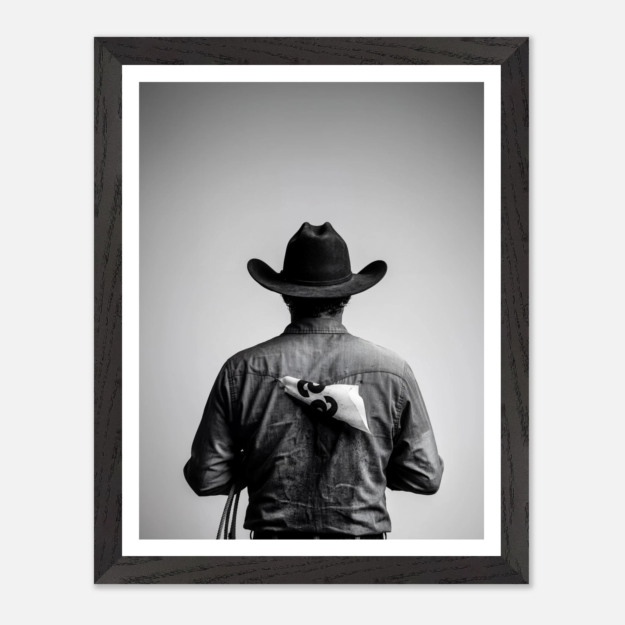 Black and white photograph of a rodeo cowboy viewed from behind wearing a western hat with a numbered rodeo tag pinned to his shirt after competition.