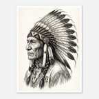 Vintage western ink illustration poster showing a side profile portrait of a plains chief wearing a feather headdress with detailed linework on a parchment background.