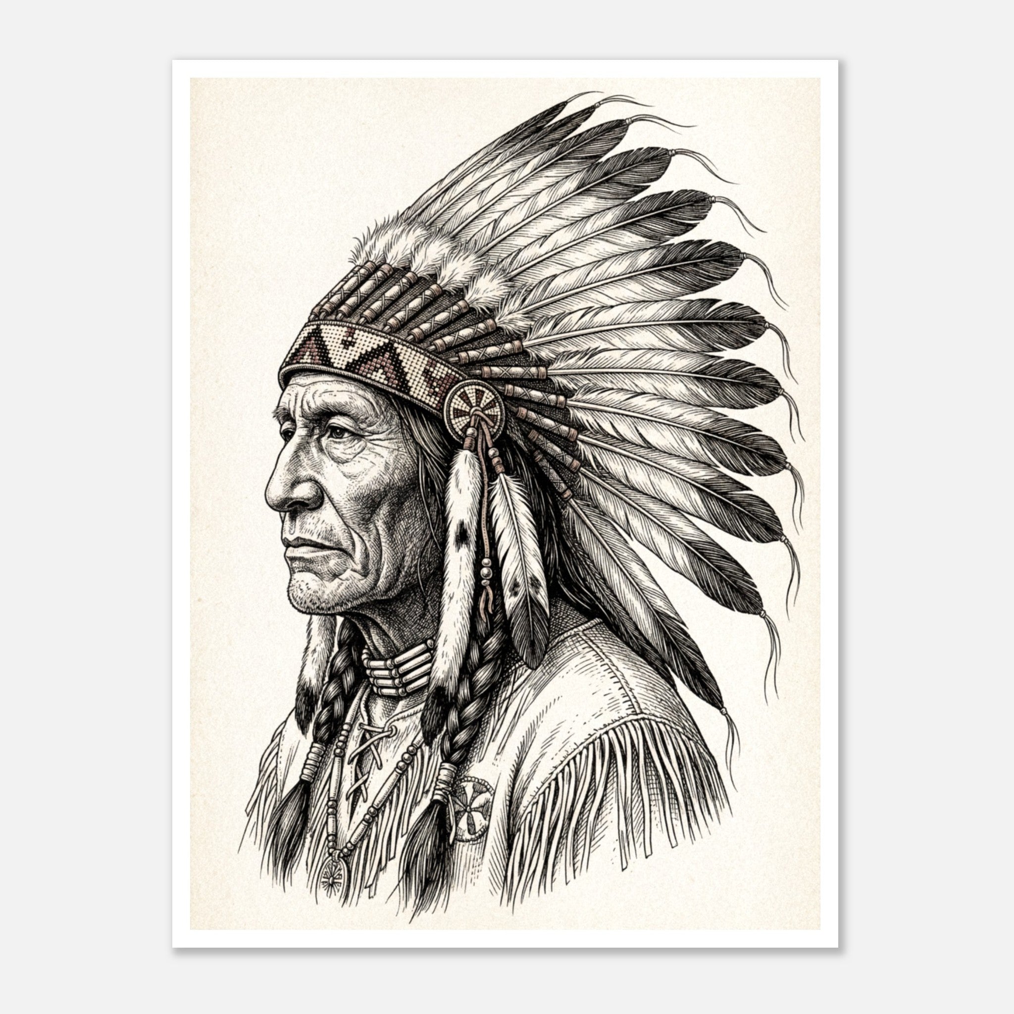 Vintage western ink illustration poster showing a side profile portrait of a plains chief wearing a feather headdress with detailed linework on a parchment background.