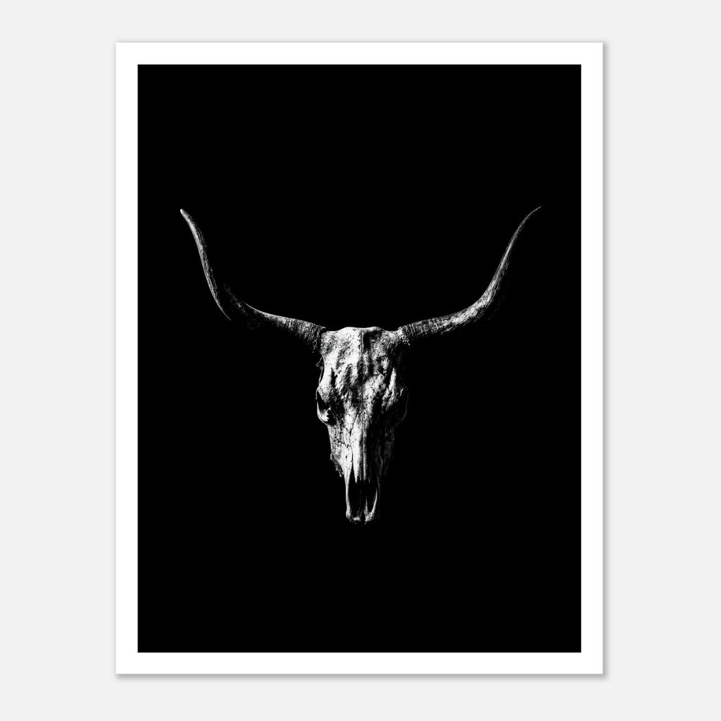 Black and white photograph of a longhorn skull with wide sweeping horns centered against a dark background, western wall art poster.