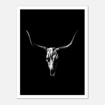 Black and white photograph of a longhorn skull with wide sweeping horns centered against a dark background, western wall art poster.