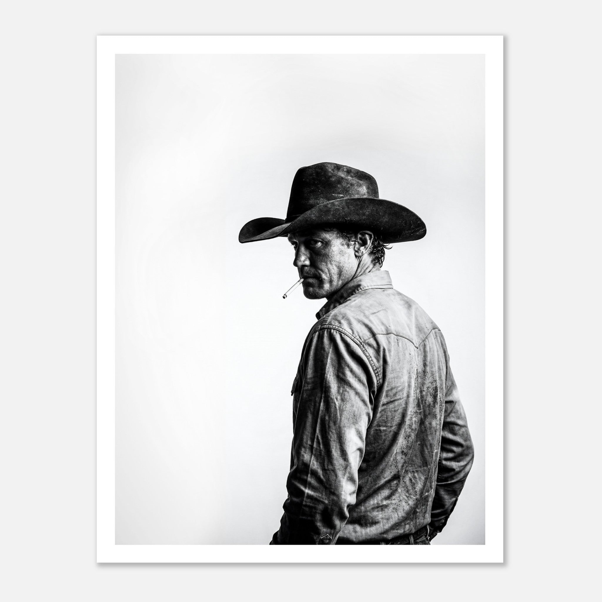 Black and white photograph of a rodeo cowboy wearing a western hat and cigarette, turning toward the camera after competition, western cowboy wall art poster.