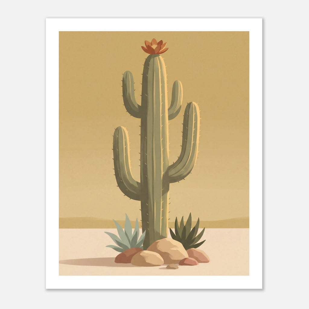 Minimalist desert poster featuring a tall saguaro cactus with a burnt orange bloom, surrounded by desert plants and rocks against a soft golden sky in muted mid century tones.