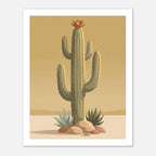 Minimalist desert poster featuring a tall saguaro cactus with a burnt orange bloom, surrounded by desert plants and rocks against a soft golden sky in muted mid century tones.