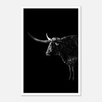 Black and white portrait of a Texas Longhorn with large sweeping horns emerging from darkness, western ranch wall art poster.