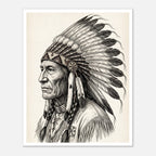 Vintage western ink illustration poster showing a side profile portrait of a plains chief wearing a feather headdress with detailed linework on a parchment background.