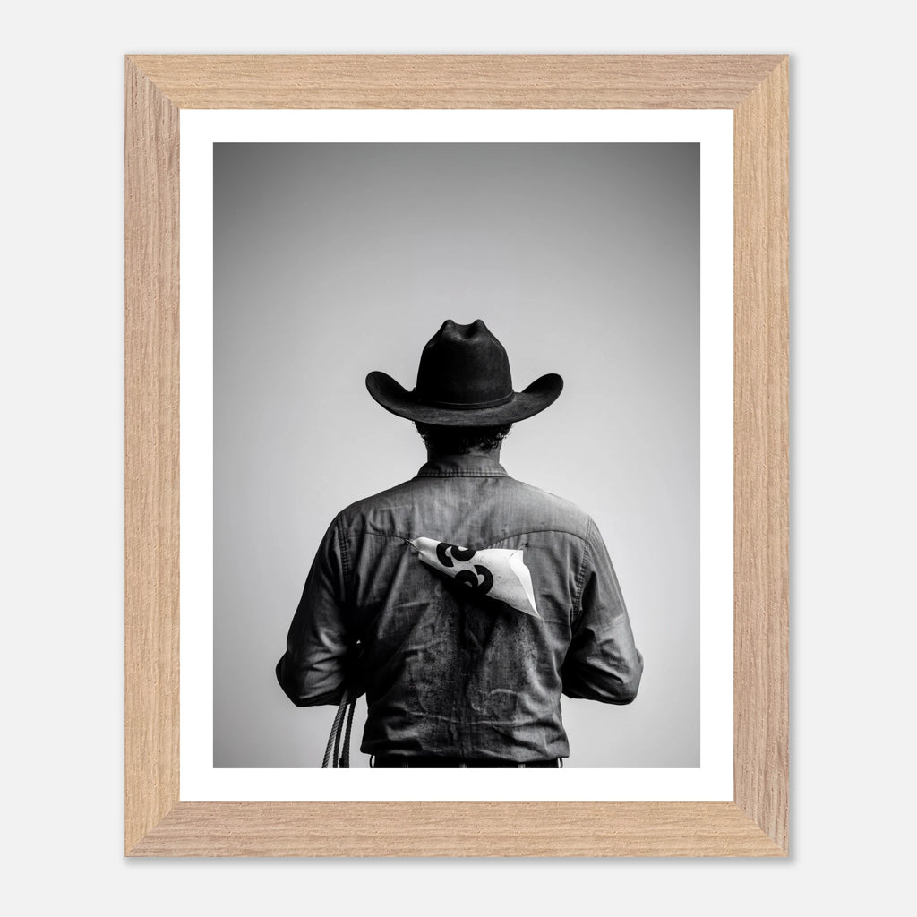 Black and white photograph of a rodeo cowboy viewed from behind wearing a western hat with a numbered rodeo tag pinned to his shirt after competition.