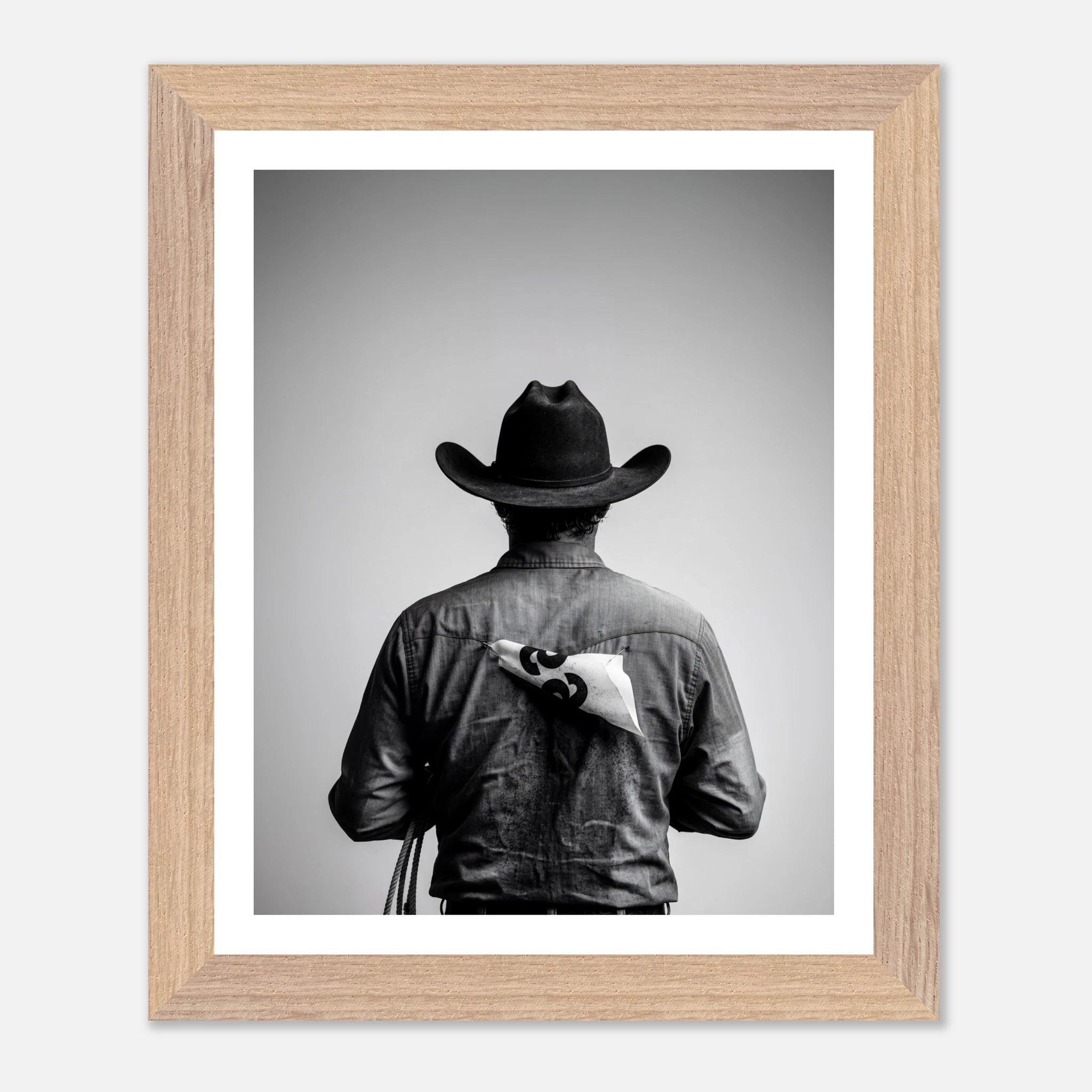 Black and white photograph of a rodeo cowboy viewed from behind wearing a western hat with a numbered rodeo tag pinned to his shirt after competition.