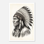 Vintage western ink illustration poster showing a side profile portrait of a plains chief wearing a feather headdress with detailed linework on a parchment background.