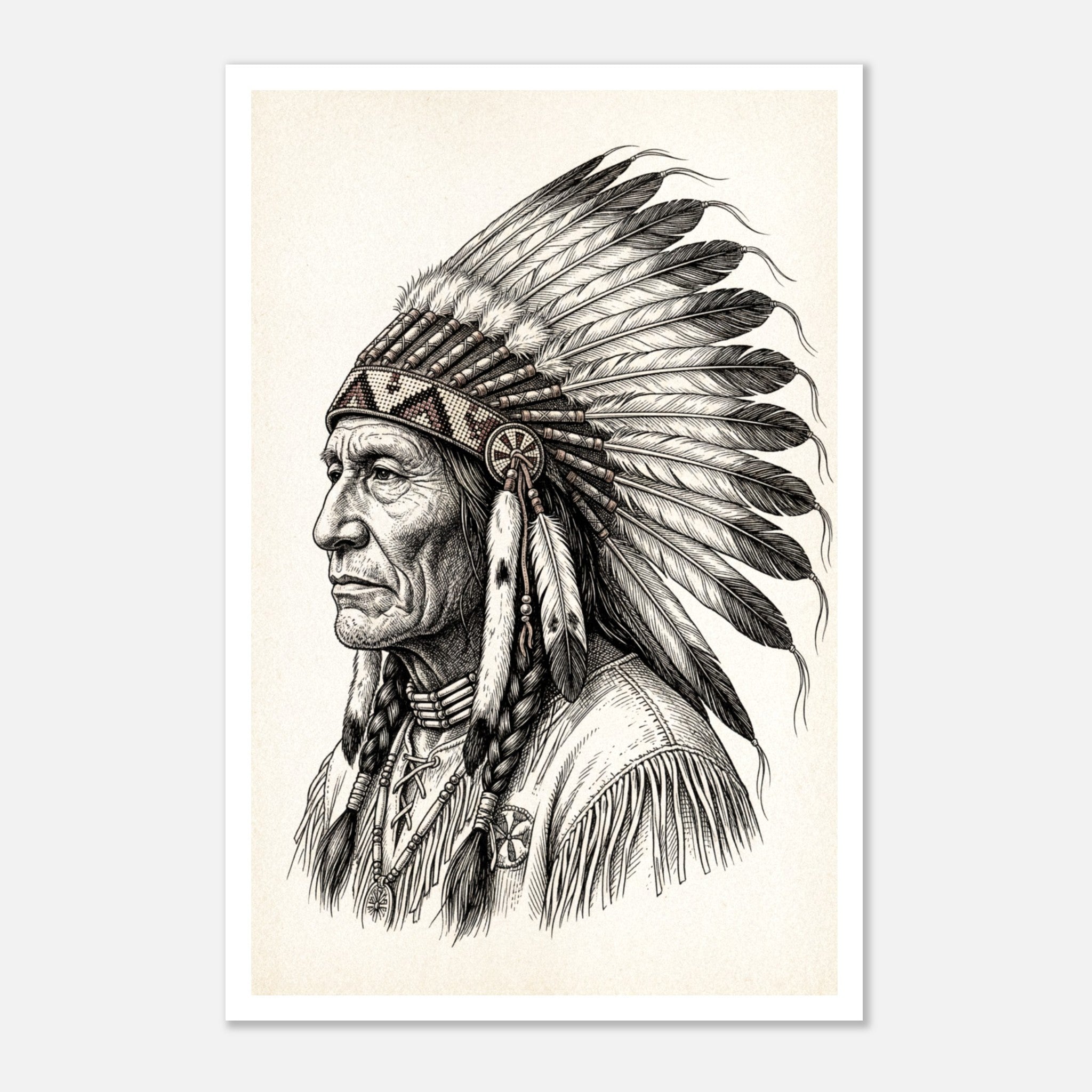 Vintage western ink illustration poster showing a side profile portrait of a plains chief wearing a feather headdress with detailed linework on a parchment background.