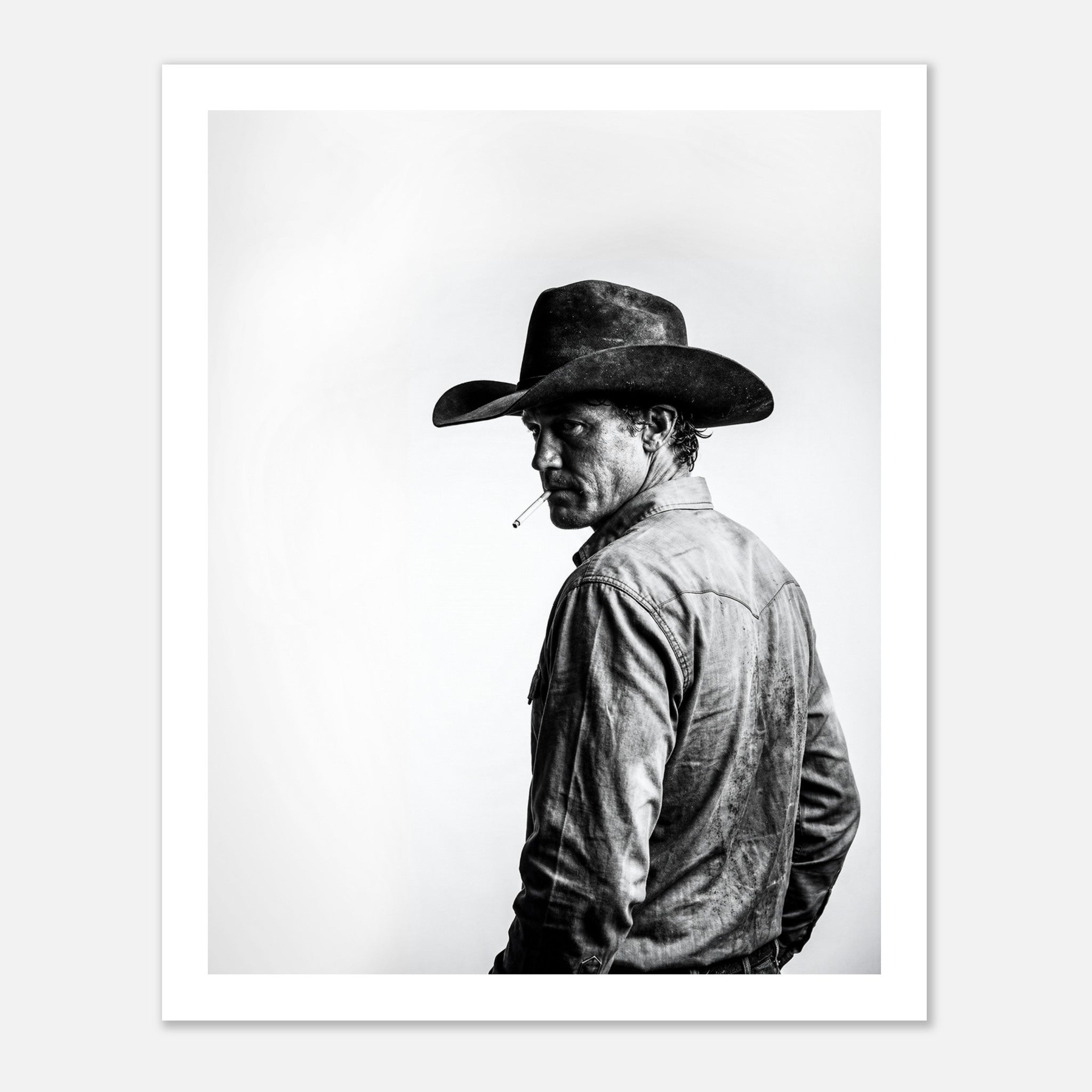 Black and white photograph of a rodeo cowboy wearing a western hat and cigarette, turning toward the camera after competition, western cowboy wall art poster.