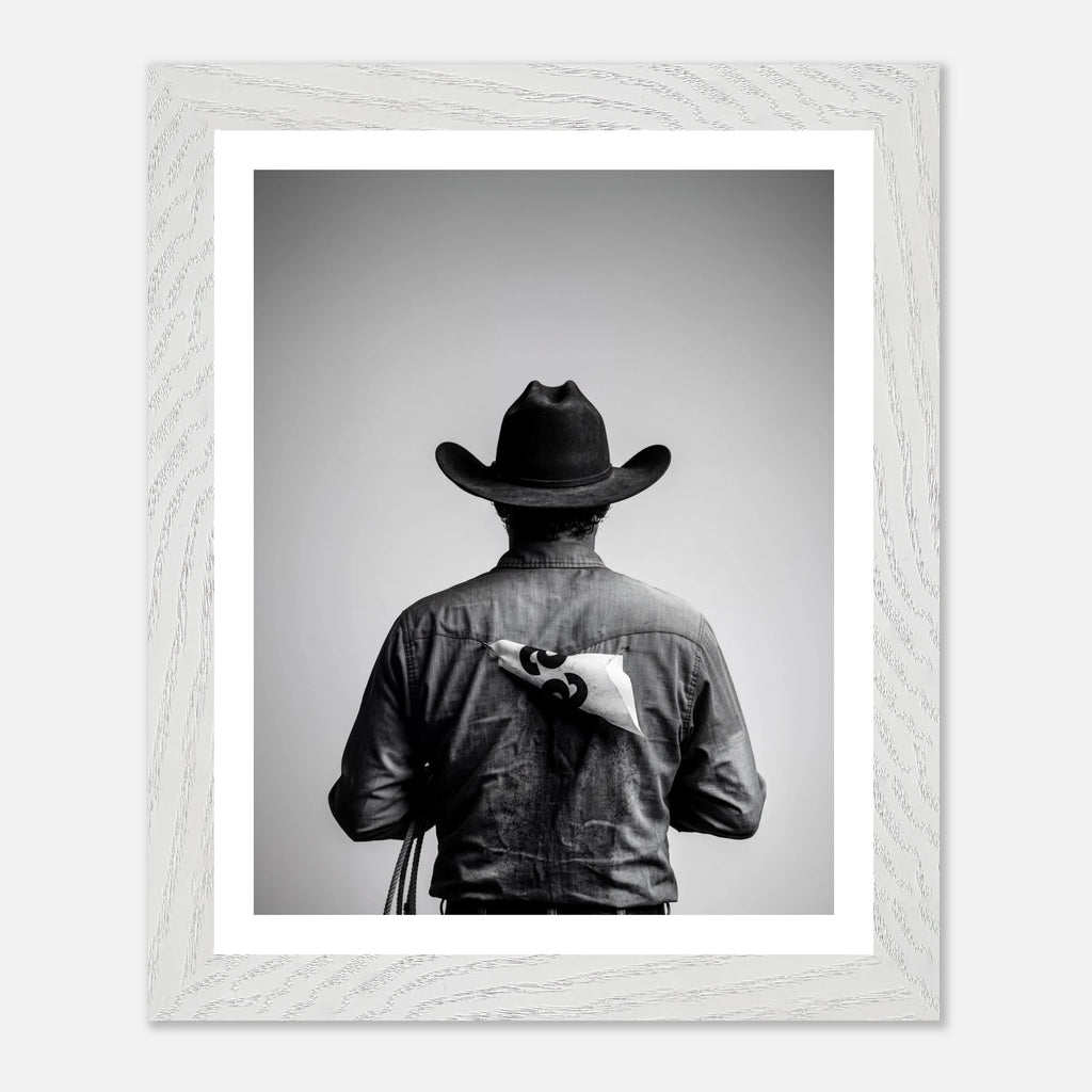 Black and white photograph of a rodeo cowboy viewed from behind wearing a western hat with a numbered rodeo tag pinned to his shirt after competition.