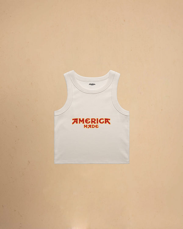 Bone America Made Crop Tank Top by Montavor featuring a premium cropped slim-fit silhouette with Western-inspired graphic design.
