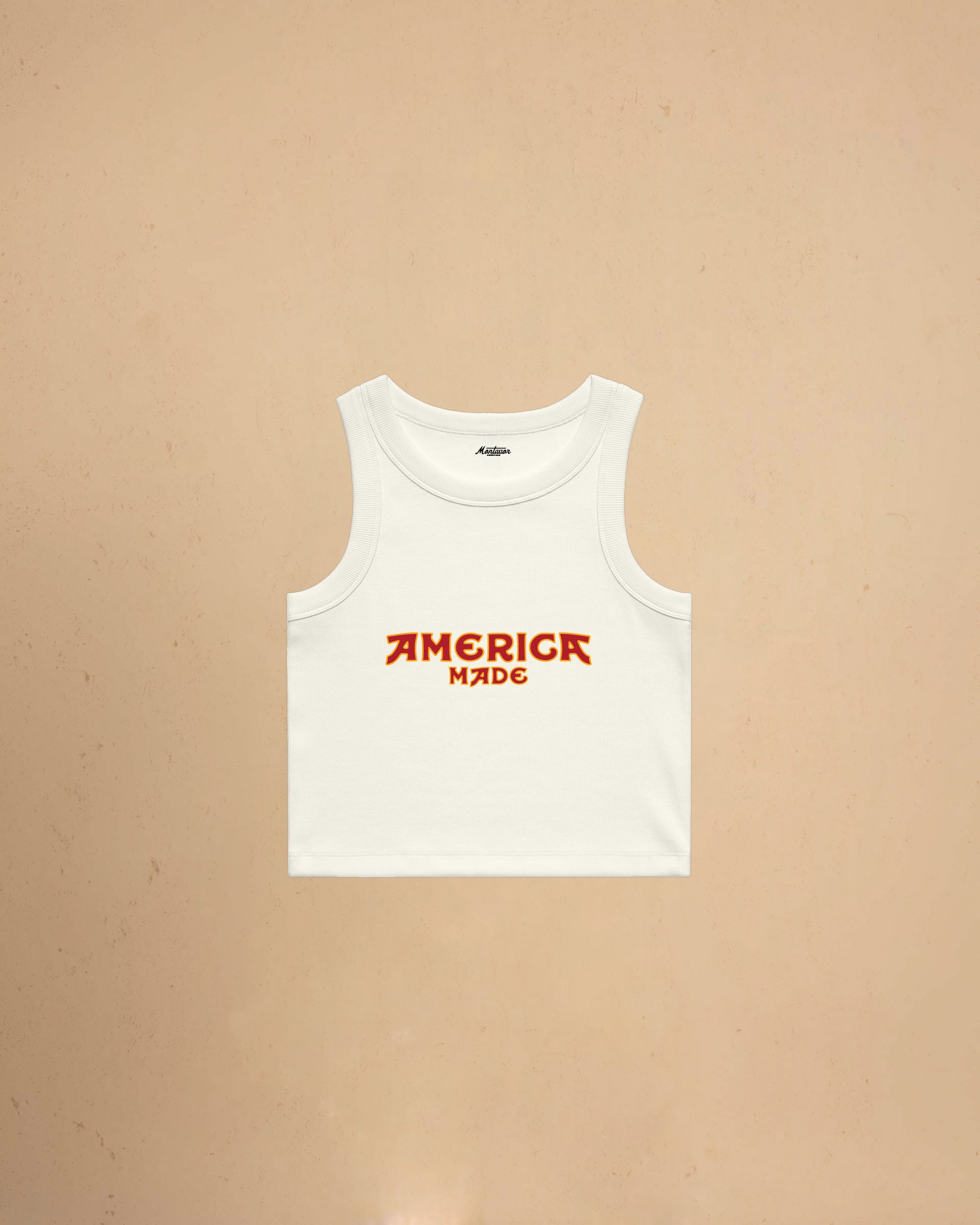 Ecru America Made Crop Tank Top by Montavor featuring a premium cropped slim-fit silhouette with Western-inspired graphic design.