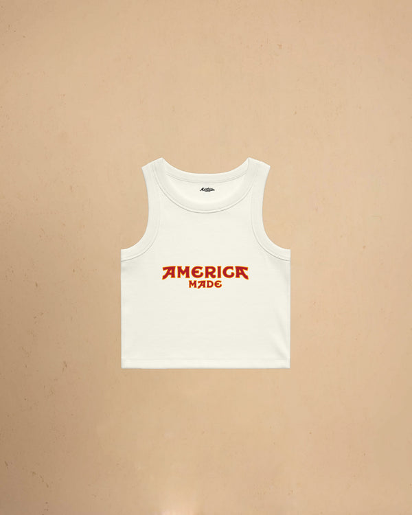 Ecru America Made Crop Tank Top by Montavor featuring a premium cropped slim-fit silhouette with Western-inspired graphic design.