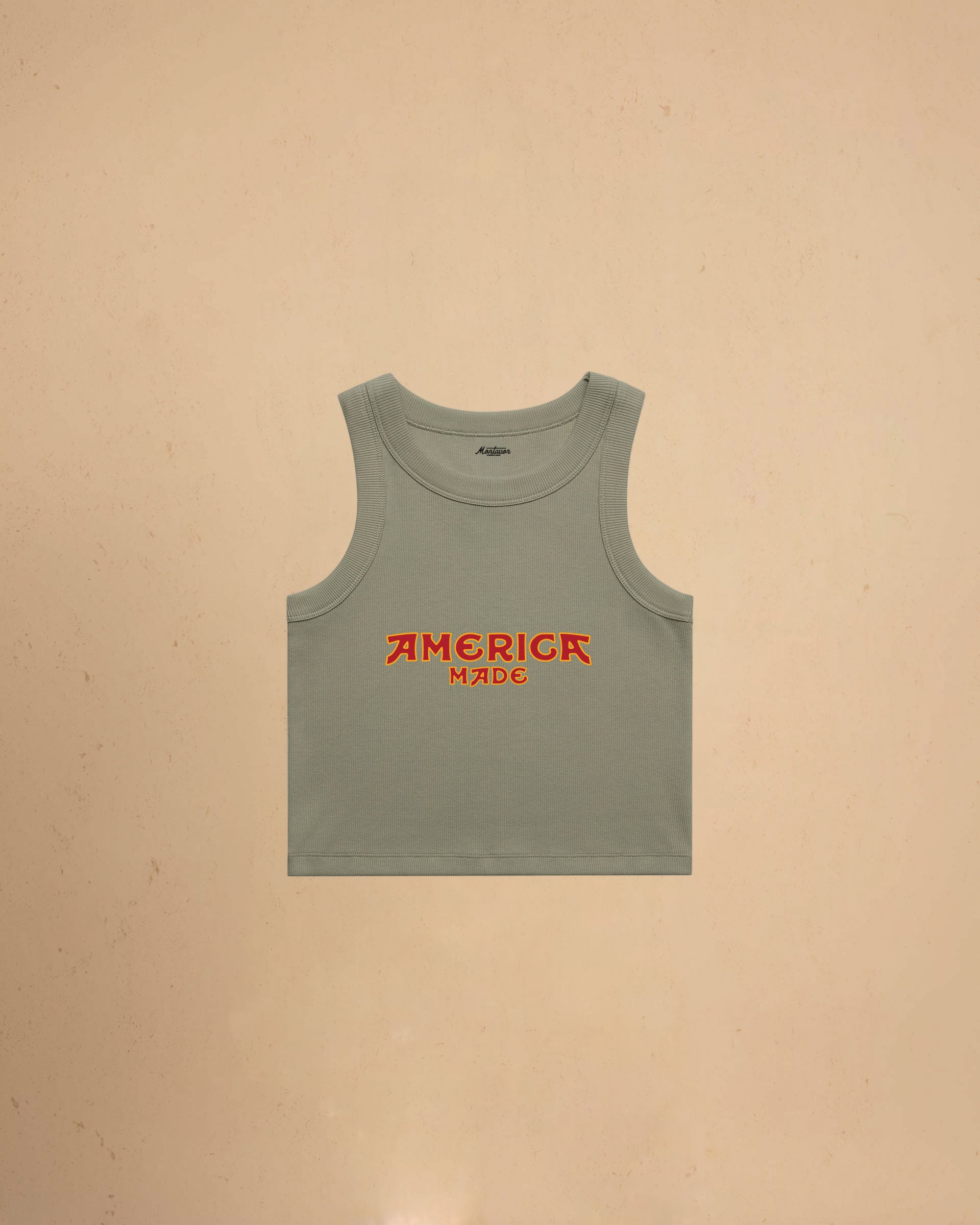 Green America Made Crop Tank Top by Montavor featuring a premium cropped slim-fit silhouette with Western-inspired graphic design.