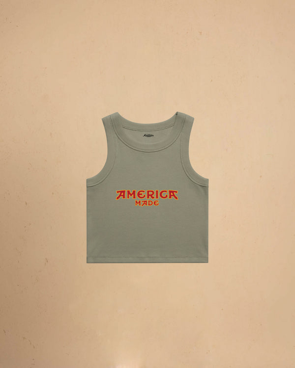 Green America Made Crop Tank Top by Montavor featuring a premium cropped slim-fit silhouette with Western-inspired graphic design.