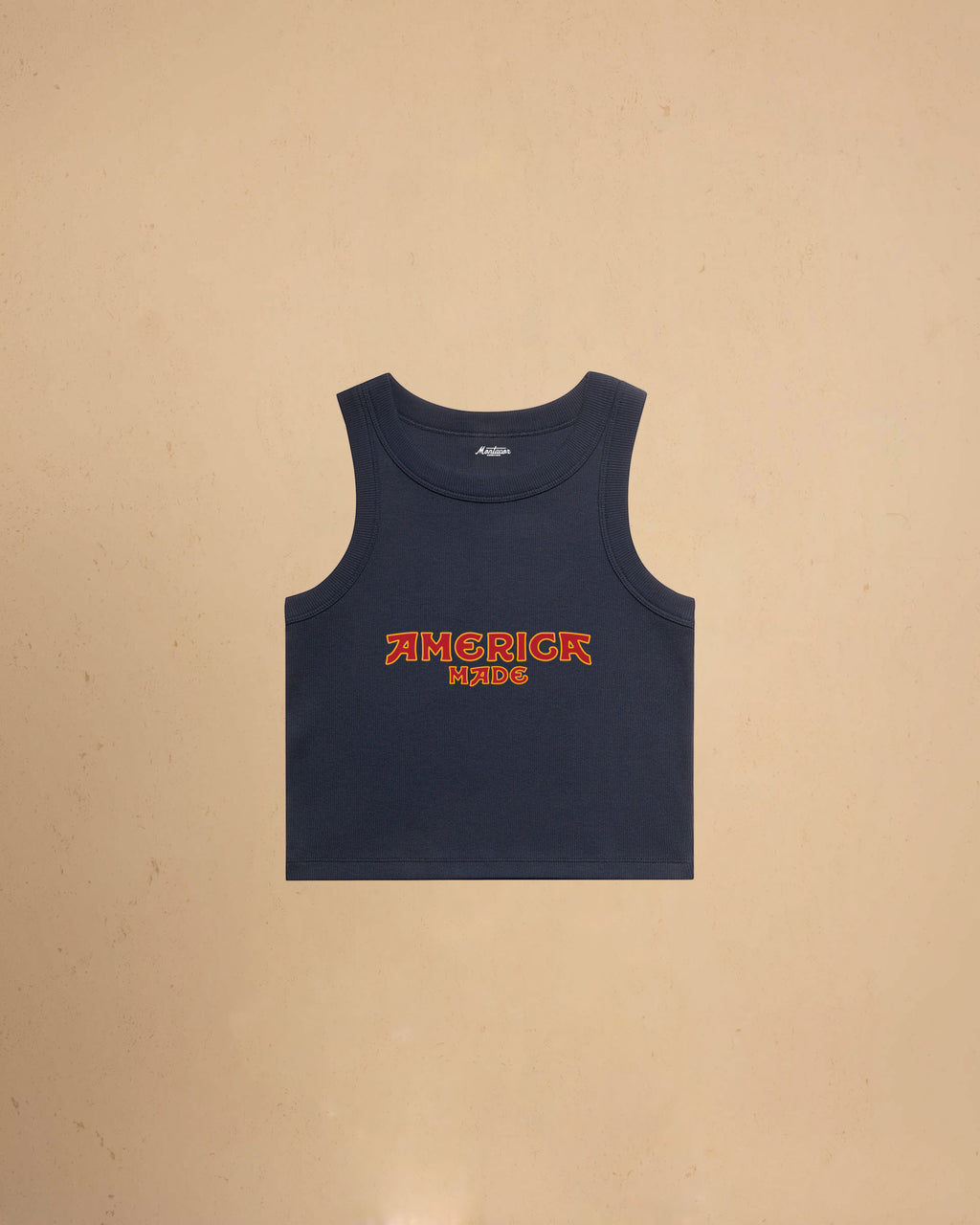 Navy America Made Crop Tank Top by Montavor featuring a premium cropped slim-fit silhouette with Western-inspired graphic design.