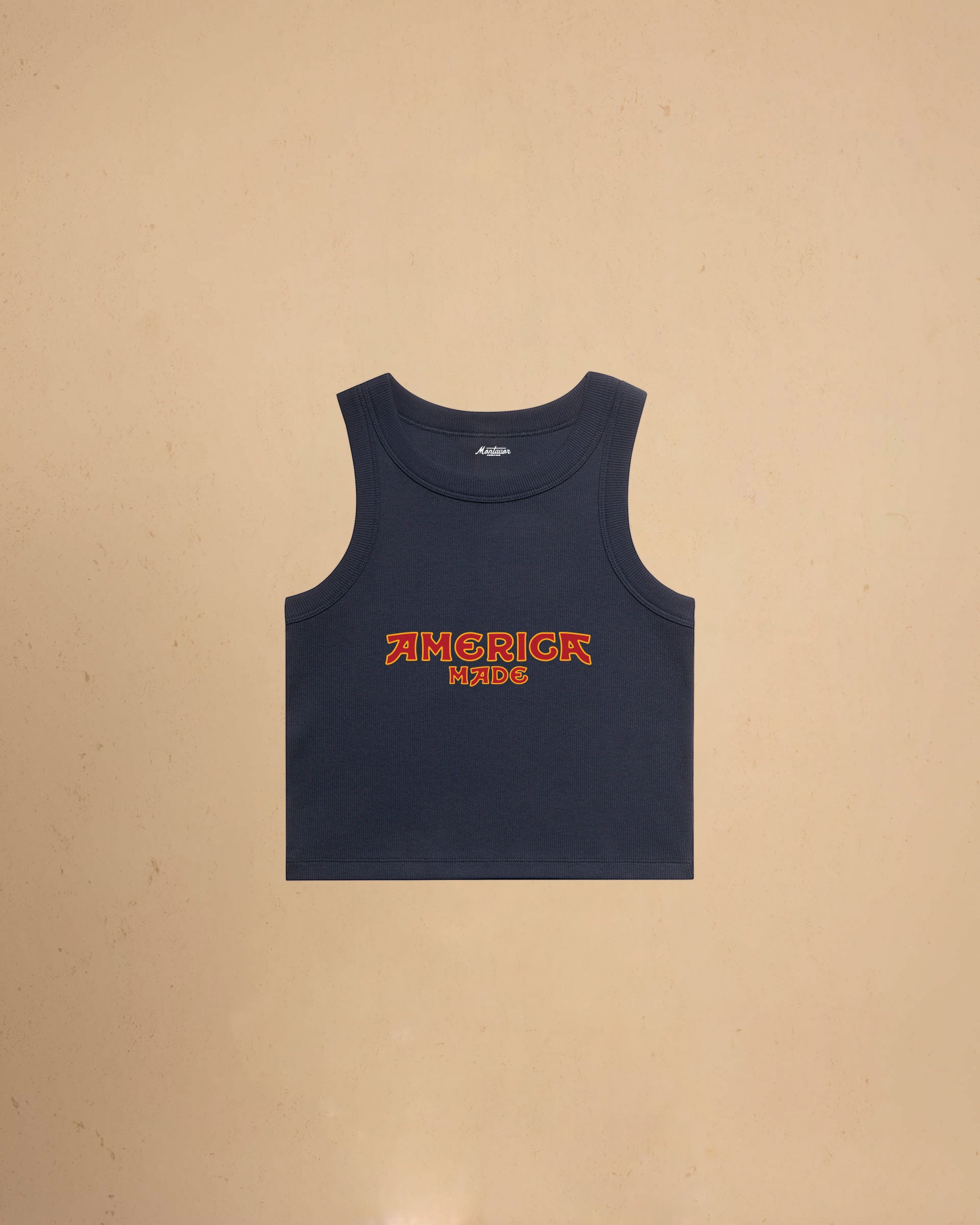Navy America Made Crop Tank Top by Montavor featuring a premium cropped slim-fit silhouette with Western-inspired graphic design.