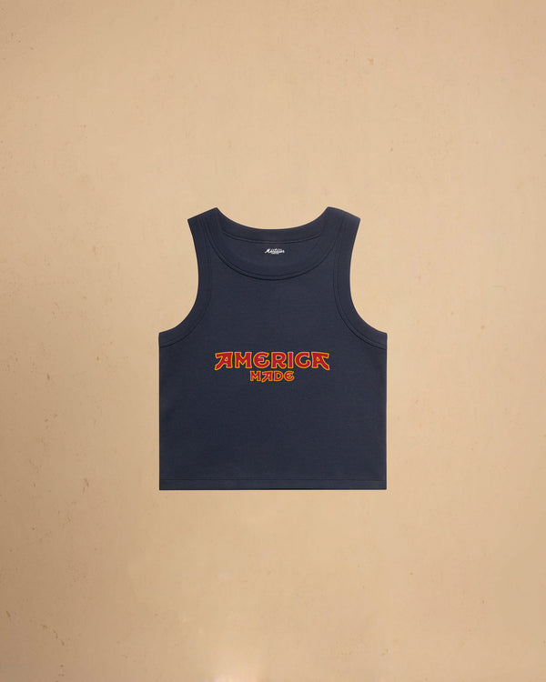 Navy America Made Crop Tank Top by Montavor featuring a premium cropped slim-fit silhouette with Western-inspired graphic design.
