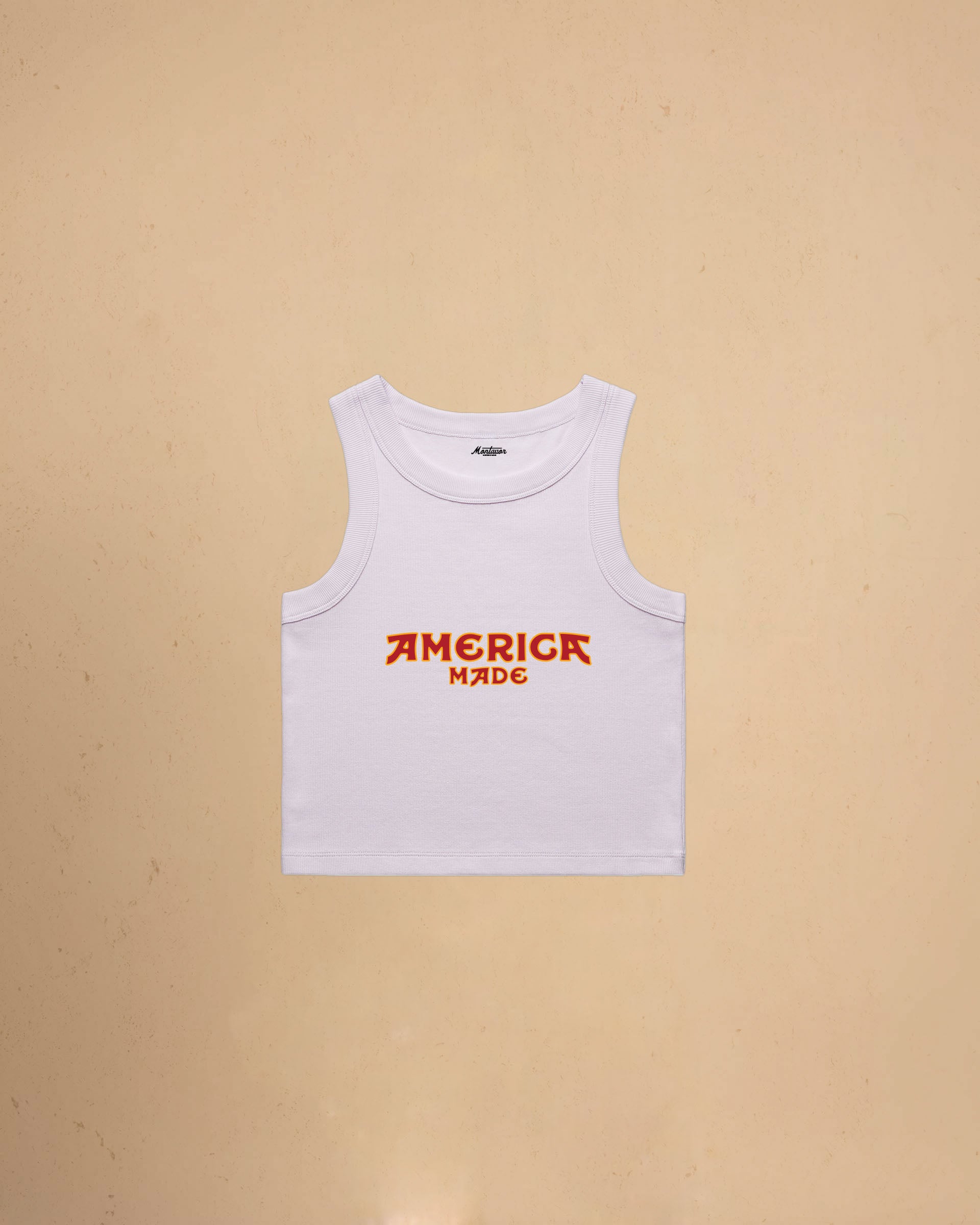 Orchid America Made Crop Tank Top by Montavor featuring a premium cropped slim-fit silhouette with Western-inspired graphic design.