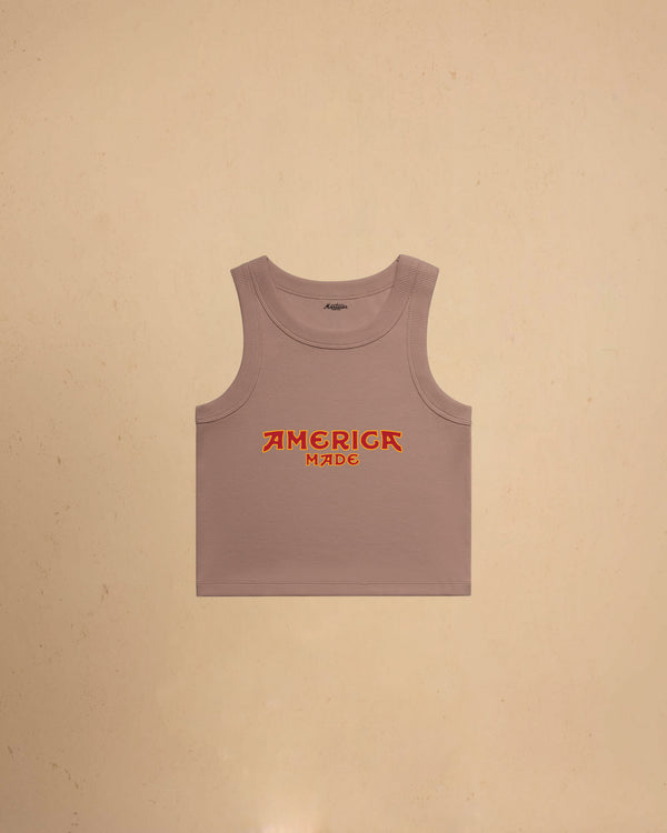 Pink America Made Crop Tank Top by Montavor featuring a premium cropped slim-fit silhouette with Western-inspired graphic design.
