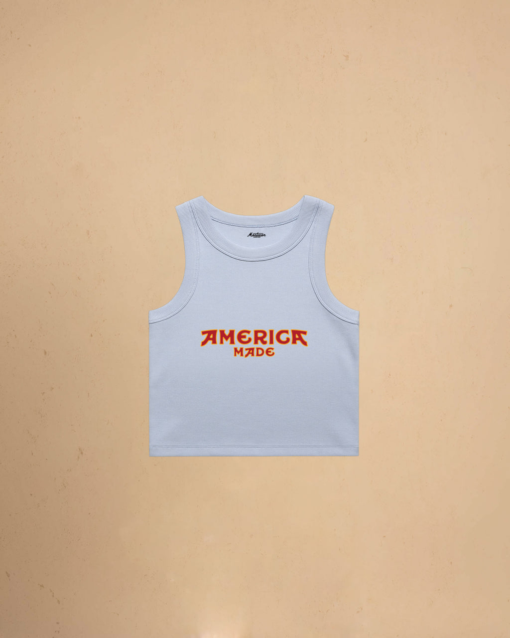 Powder Blue America Made Crop Tank Top by Montavor featuring a premium cropped slim-fit silhouette with Western-inspired graphic design.