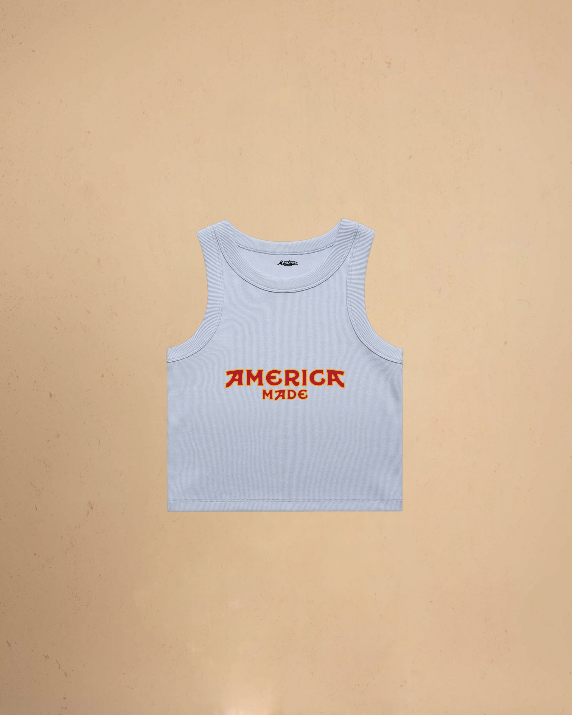Powder Blue America Made Crop Tank Top by Montavor featuring a premium cropped slim-fit silhouette with Western-inspired graphic design.
