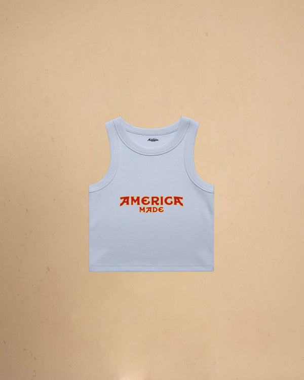 Powder Blue America Made Crop Tank Top by Montavor featuring a premium cropped slim-fit silhouette with Western-inspired graphic design.