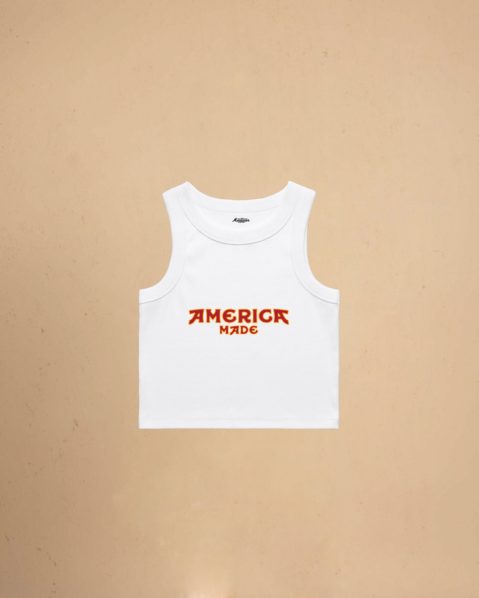 White America Made Crop Tank Top by Montavor featuring a premium cropped slim-fit silhouette with Western-inspired graphic design.
