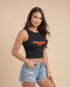 Black America Made Crop Tank Top by Montavor featuring a premium cropped slim-fit silhouette with Western-inspired graphic design.
