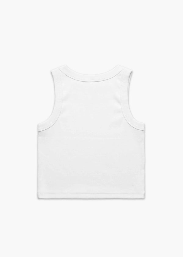 Back of White America Provisions Logo Female Organic Crop Tank Top printed and shipped from the USA