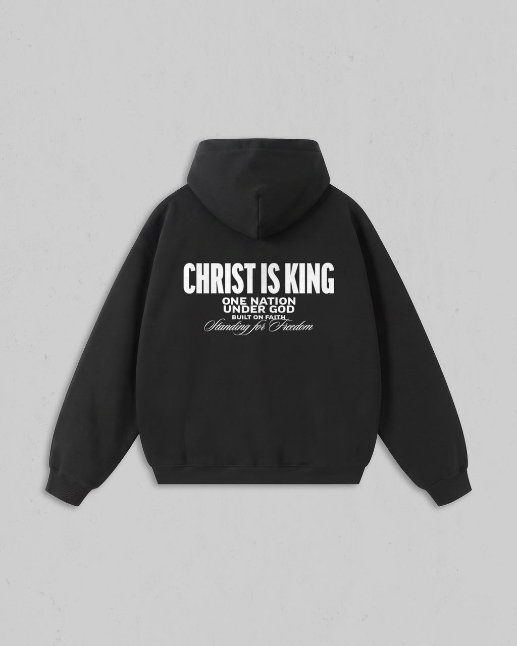 Back view of women’s Black Christ Is King hoodie with bold white Christian message