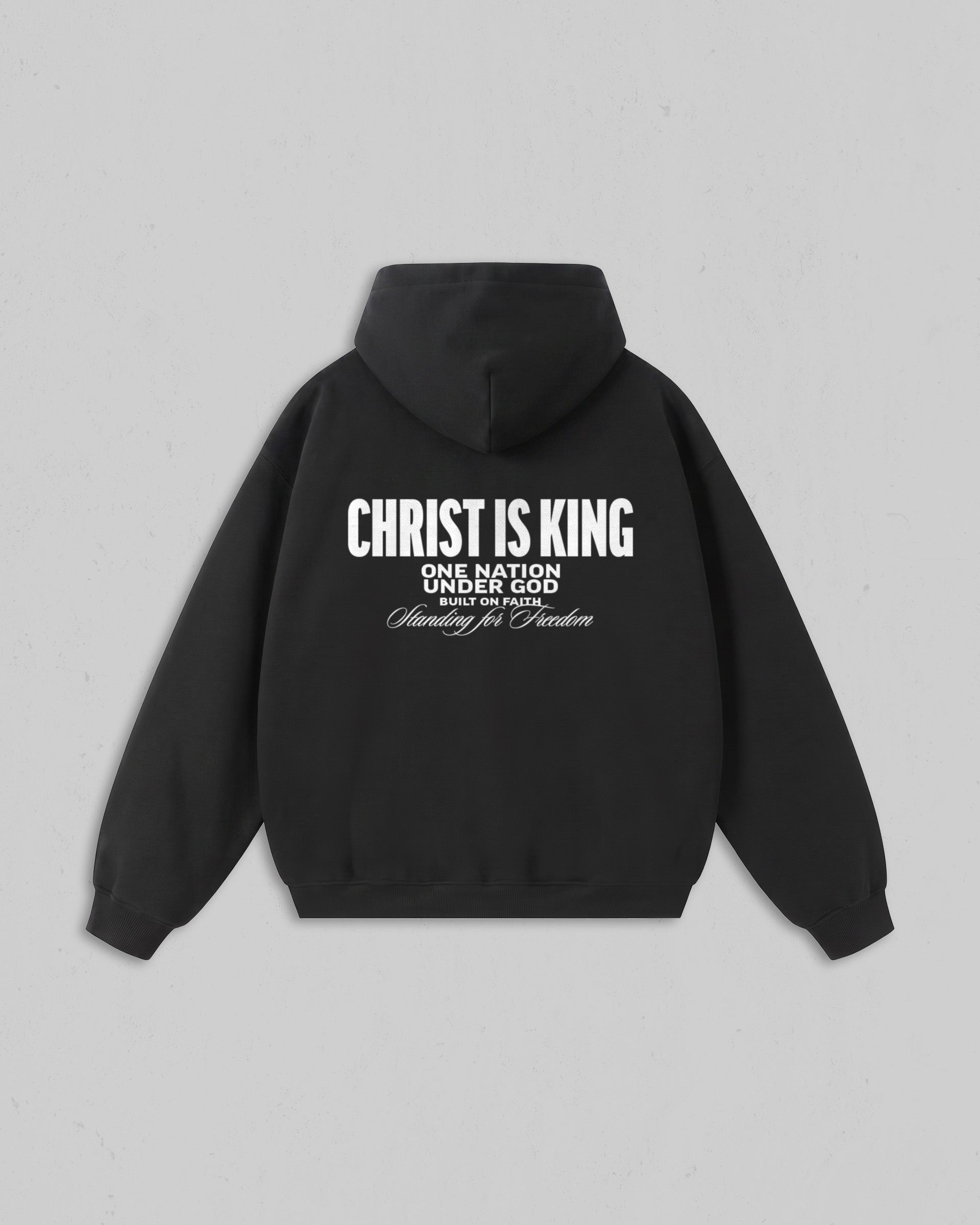 Back view of women’s Black Christ Is King hoodie with bold white Christian message