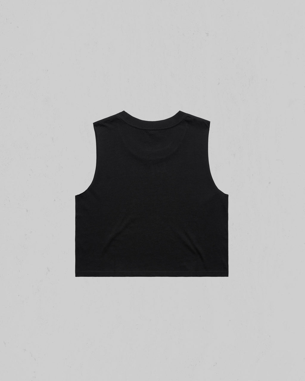 A black sleeveless crop top with a crew neck, shown from the back against a light gray background.