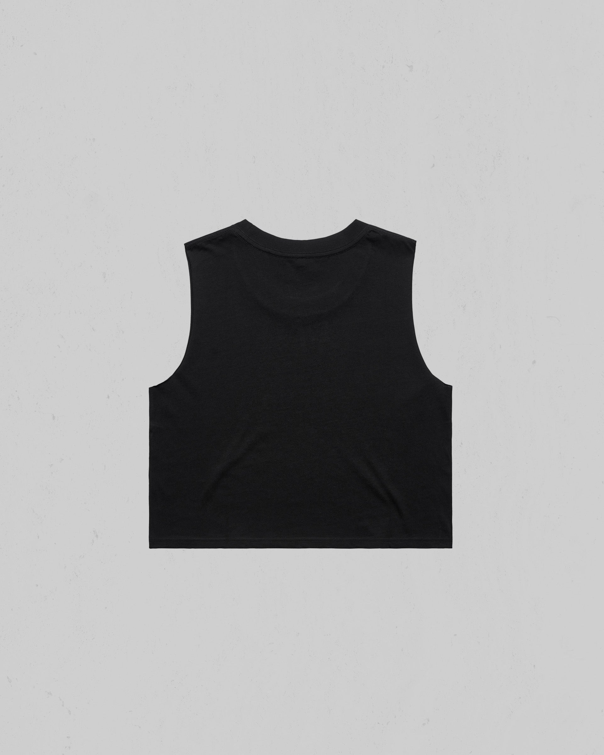 A black sleeveless crop top with a crew neck, shown from the back against a light gray background.
