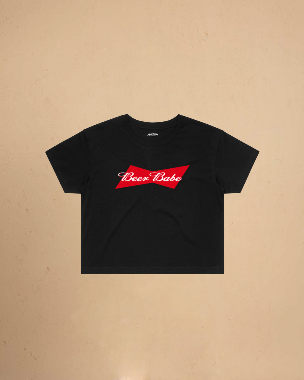 Women’s Beer Babe crop t-shirt featuring a bold beer-inspired graphic design on a relaxed-fit cropped cotton tee.