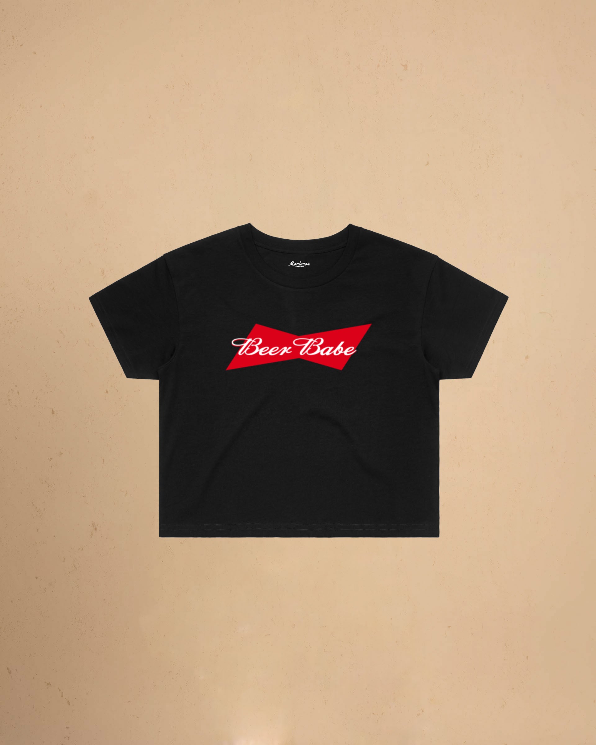 Women’s Beer Babe crop t-shirt featuring a bold beer-inspired graphic design on a relaxed-fit cropped cotton tee.