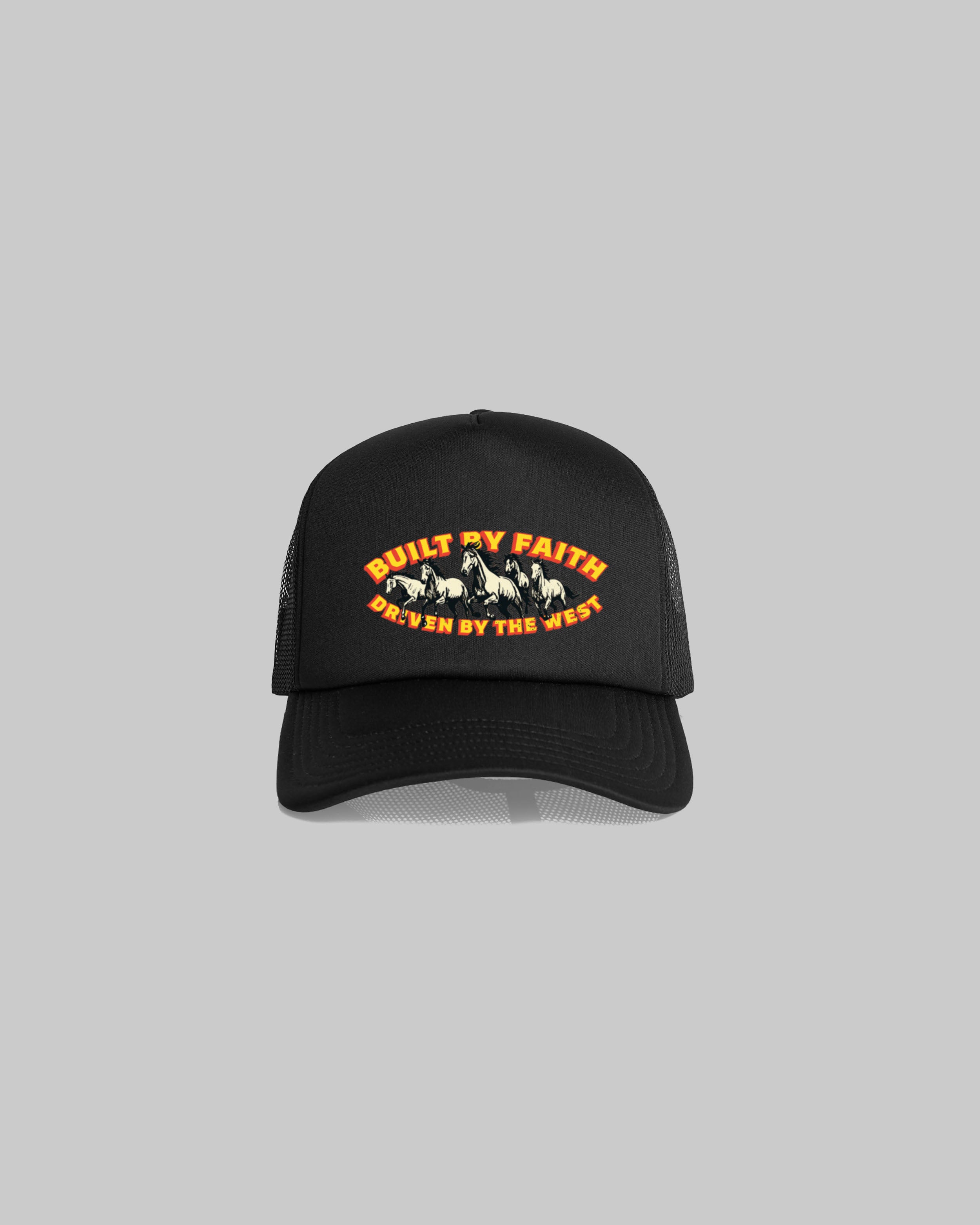 Black Built By Faith western trucker cap featuring a vintage horse graphic and curved peak.