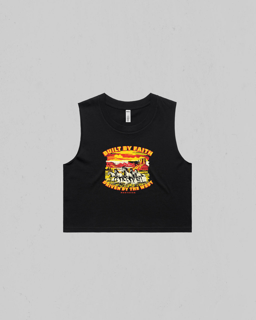 Black Women’s “Built By Faith, Driven By The West” crop tank top featuring a vintage western horse and desert graphic by Montavor.