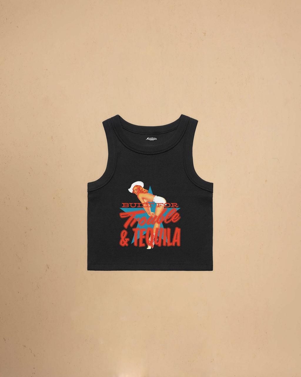 Black Women’s Built For Trouble cropped tank top featuring a vintage-inspired Western graphic print on a premium ribbed crop tank.