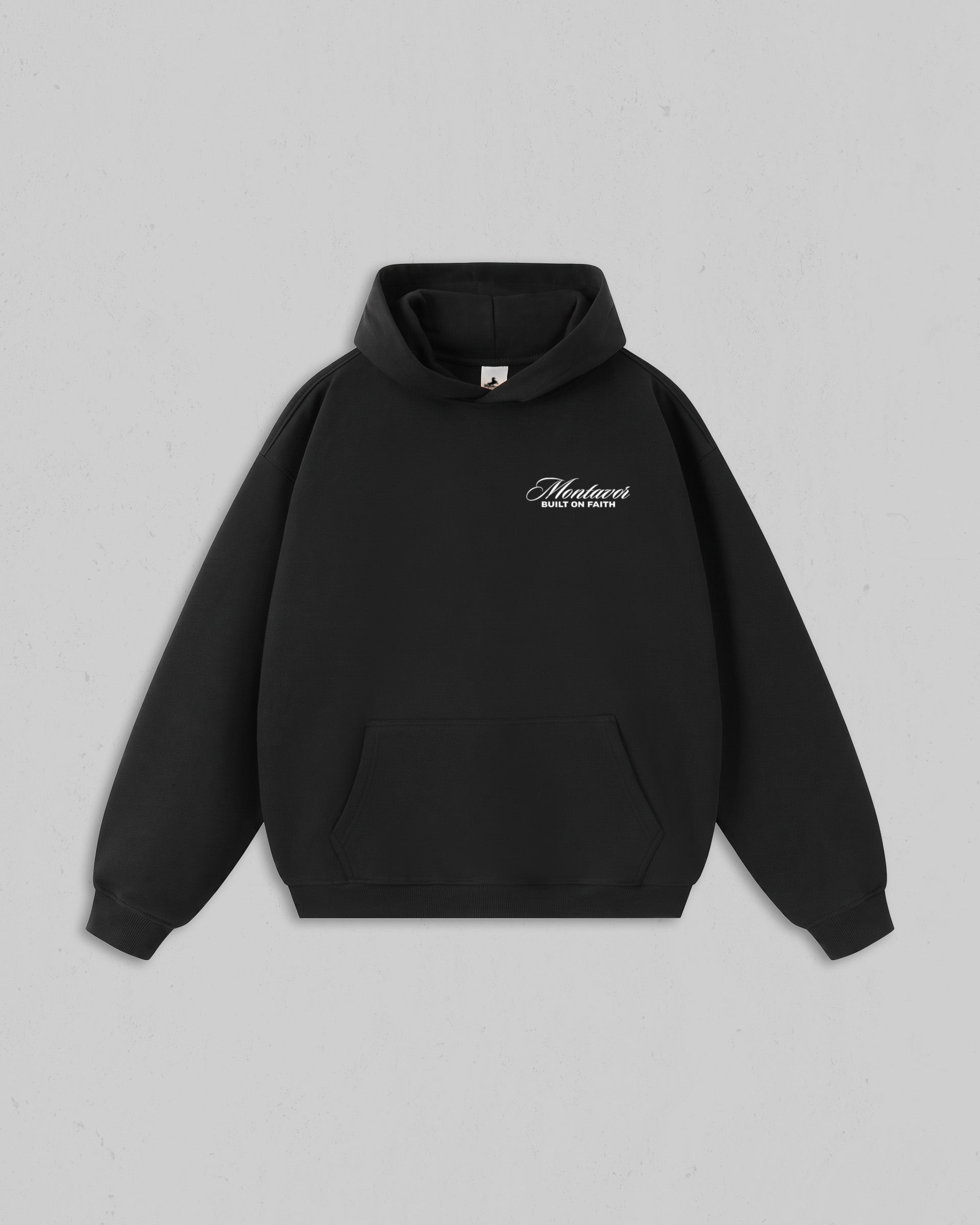 Front view of women’s Black Christ Is King hoodie with bold white Christian 