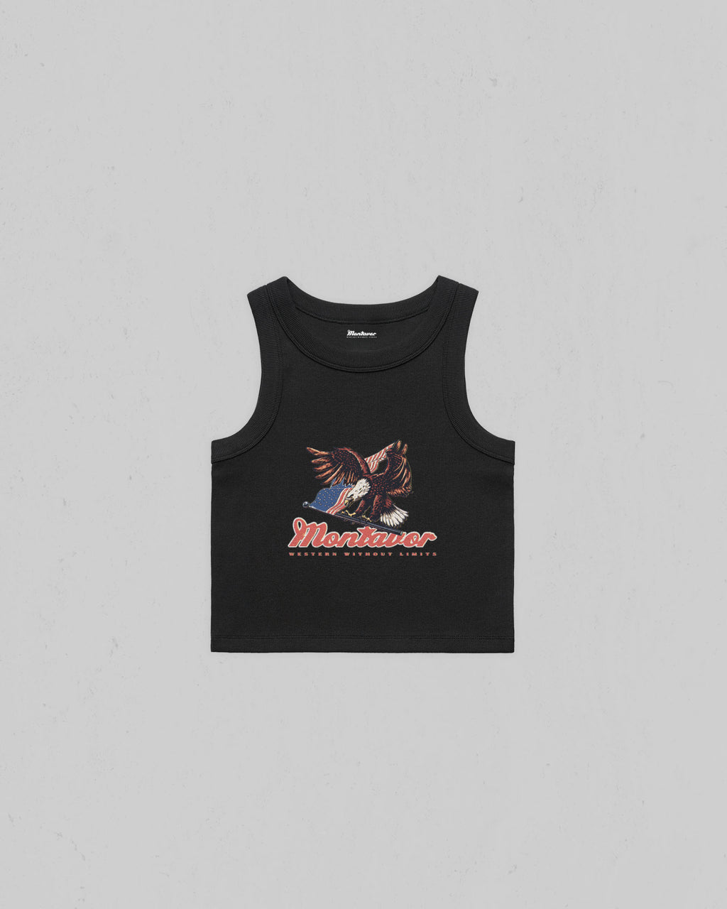 Montavor Eagle Organic Crop Tank Top featuring a vintage Americana eagle graphic on the front.