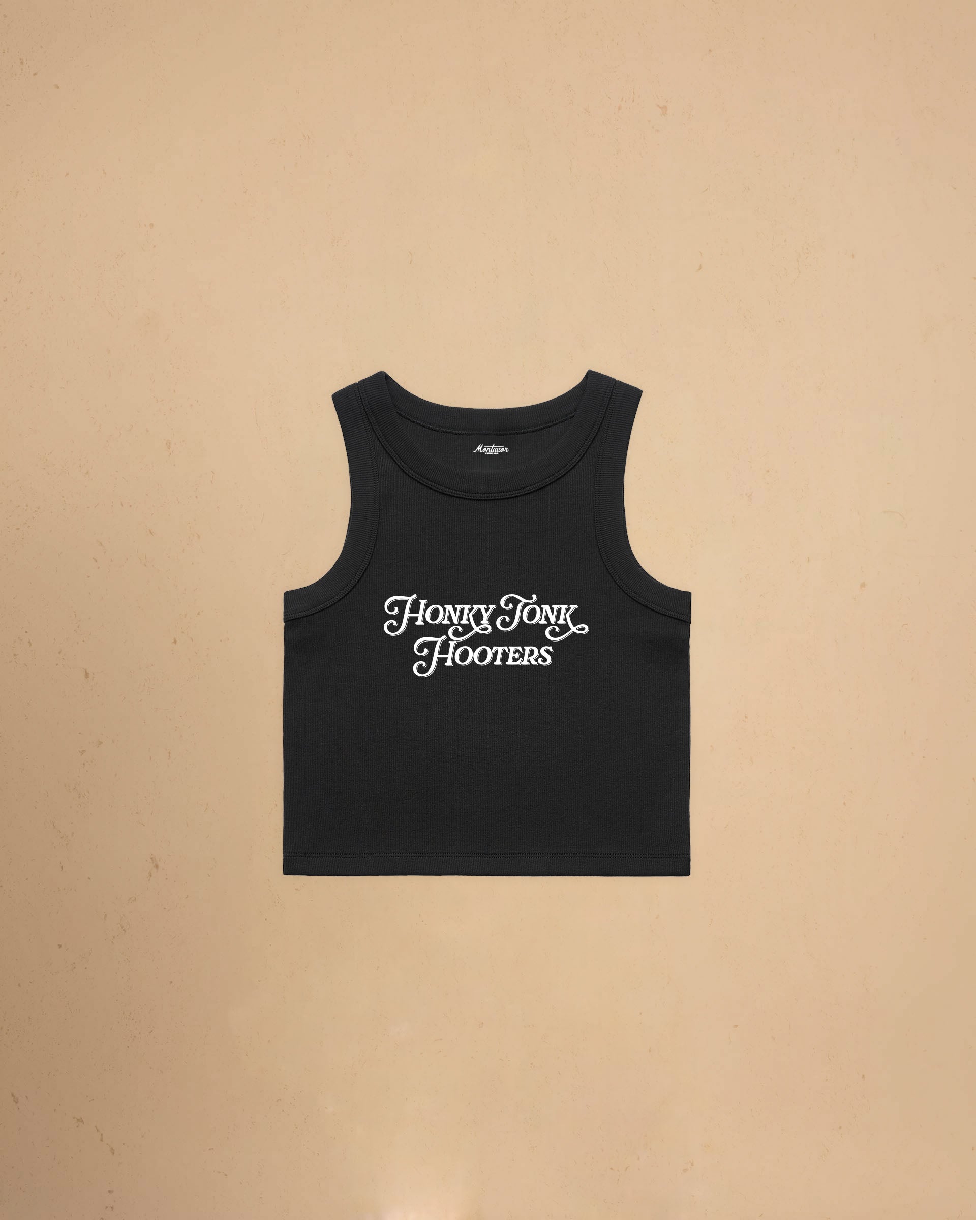 Women’s Honky Tonk Hooters organic crop tank top featuring vintage western typography, premium ribbed construction, and a flattering slim cropped fit.