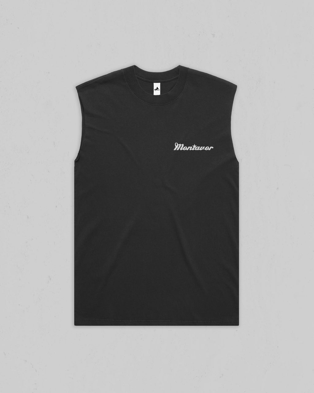 A black sleeveless muscle t-shirt with a small white 'Montavor' logo printed on the left chest, displayed flat against a light gray background.