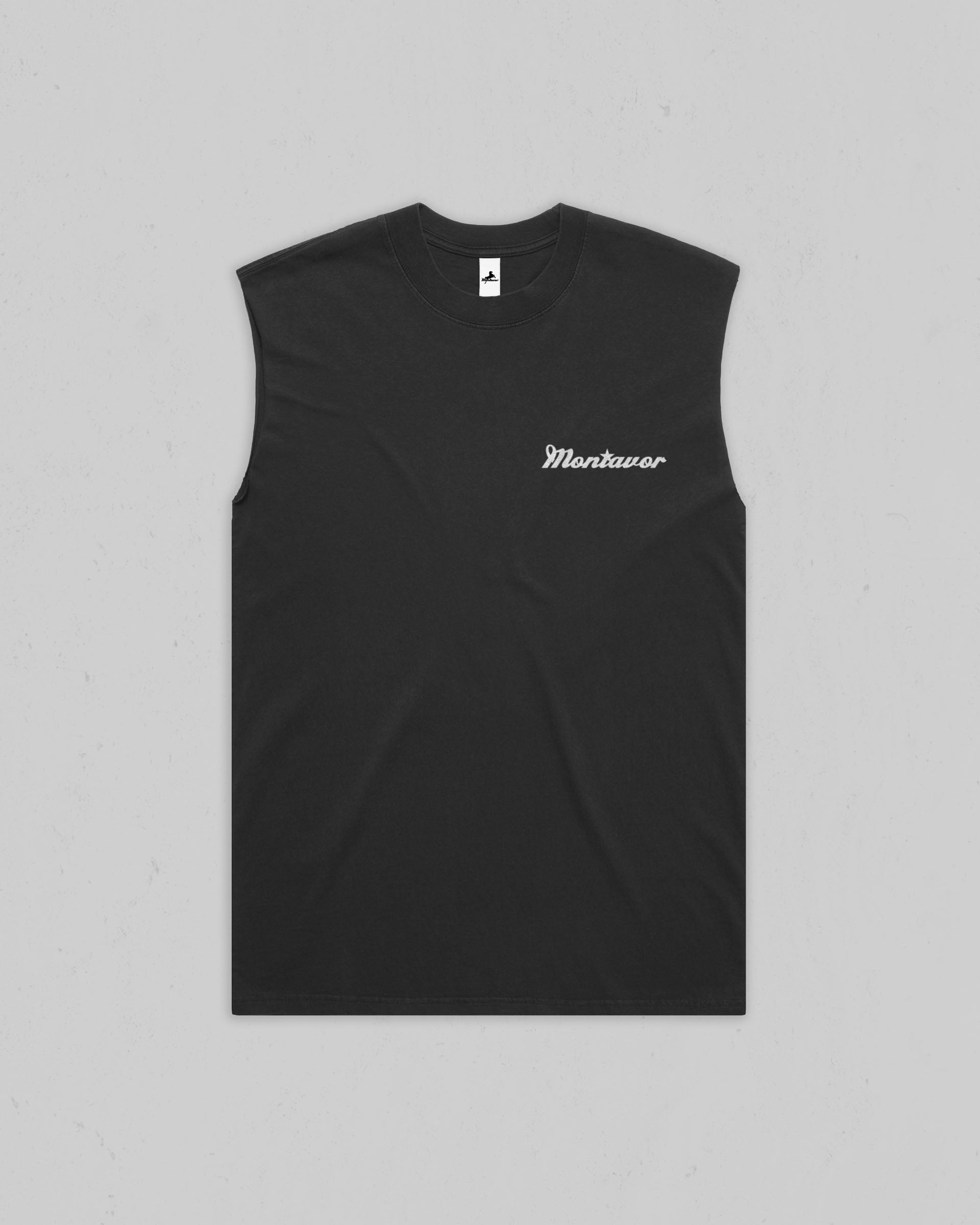 A black sleeveless muscle t-shirt with a small white 'Montavor' logo printed on the left chest, displayed flat against a light gray background.