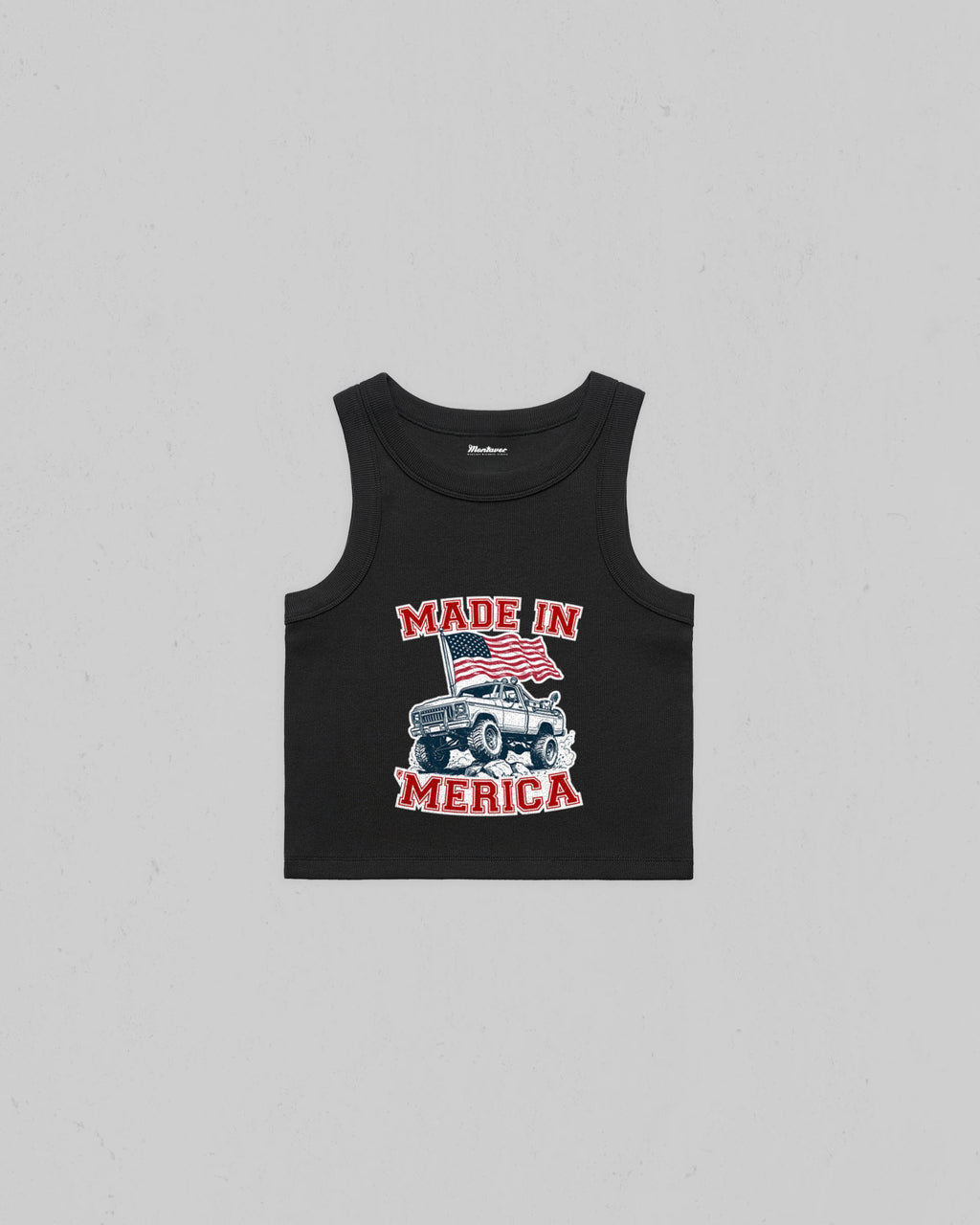 Black Color Made in Merica organic crop tank top with American flag and off-road pickup truck graphic