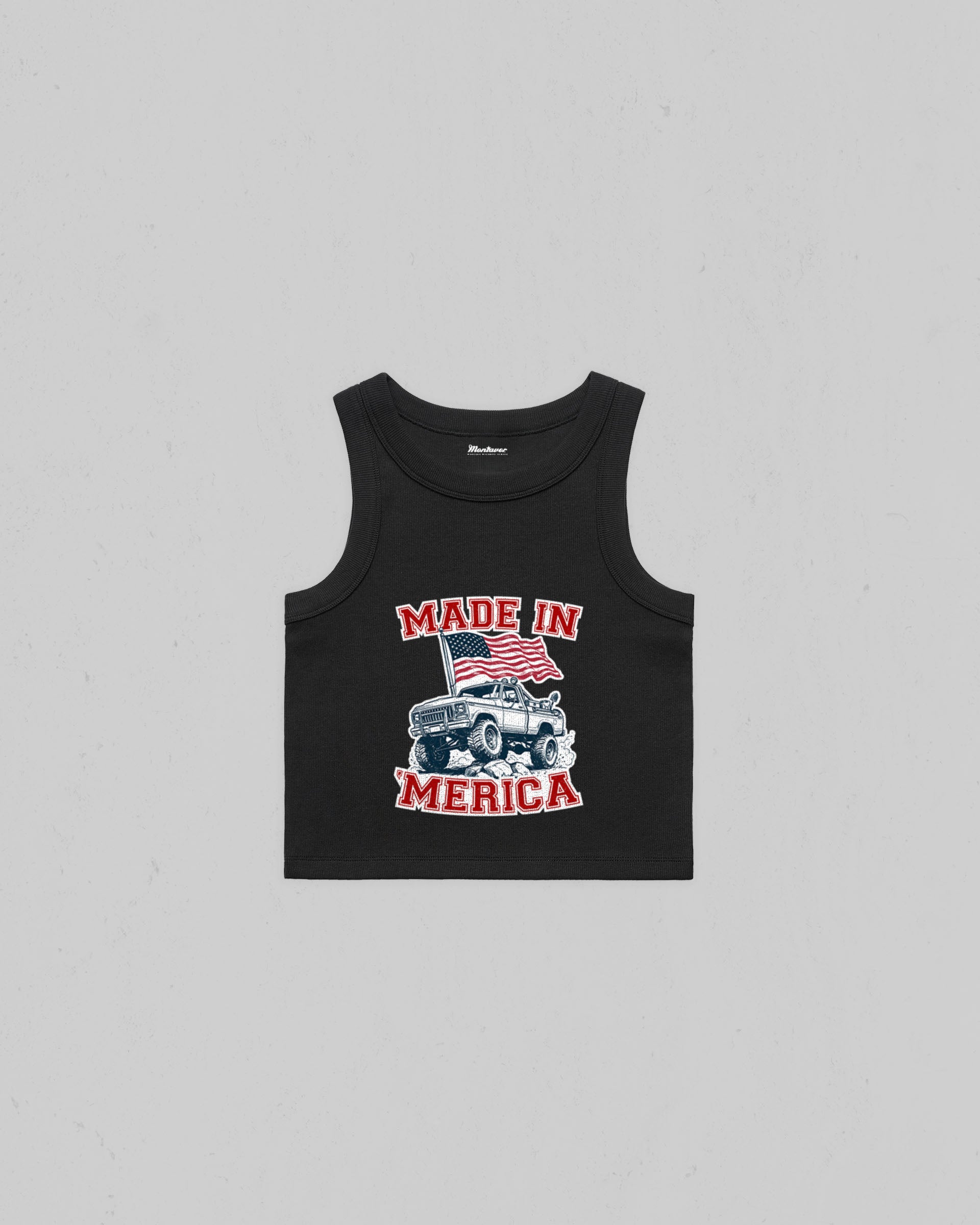 Black Color Made in Merica organic crop tank top with American flag and off-road pickup truck graphic