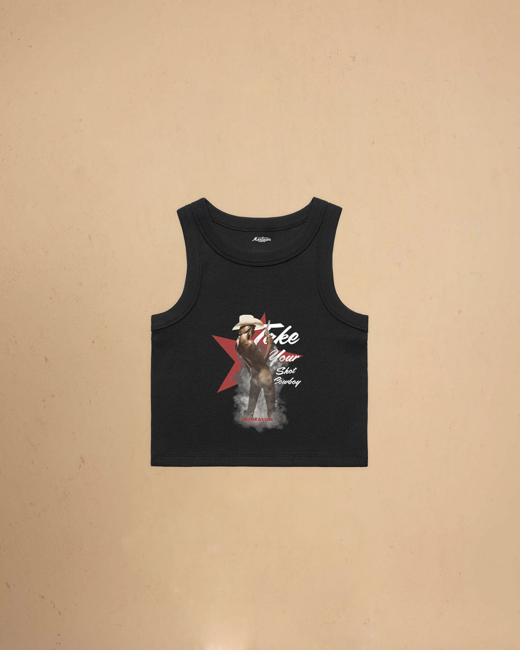 Take Your Shot Cowboy organic rib crop tank featuring a western cowgirl graphic with smoke effects and vintage western styling.